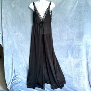 1970s rare Made in California black full-length negligee slip dress, lace trim